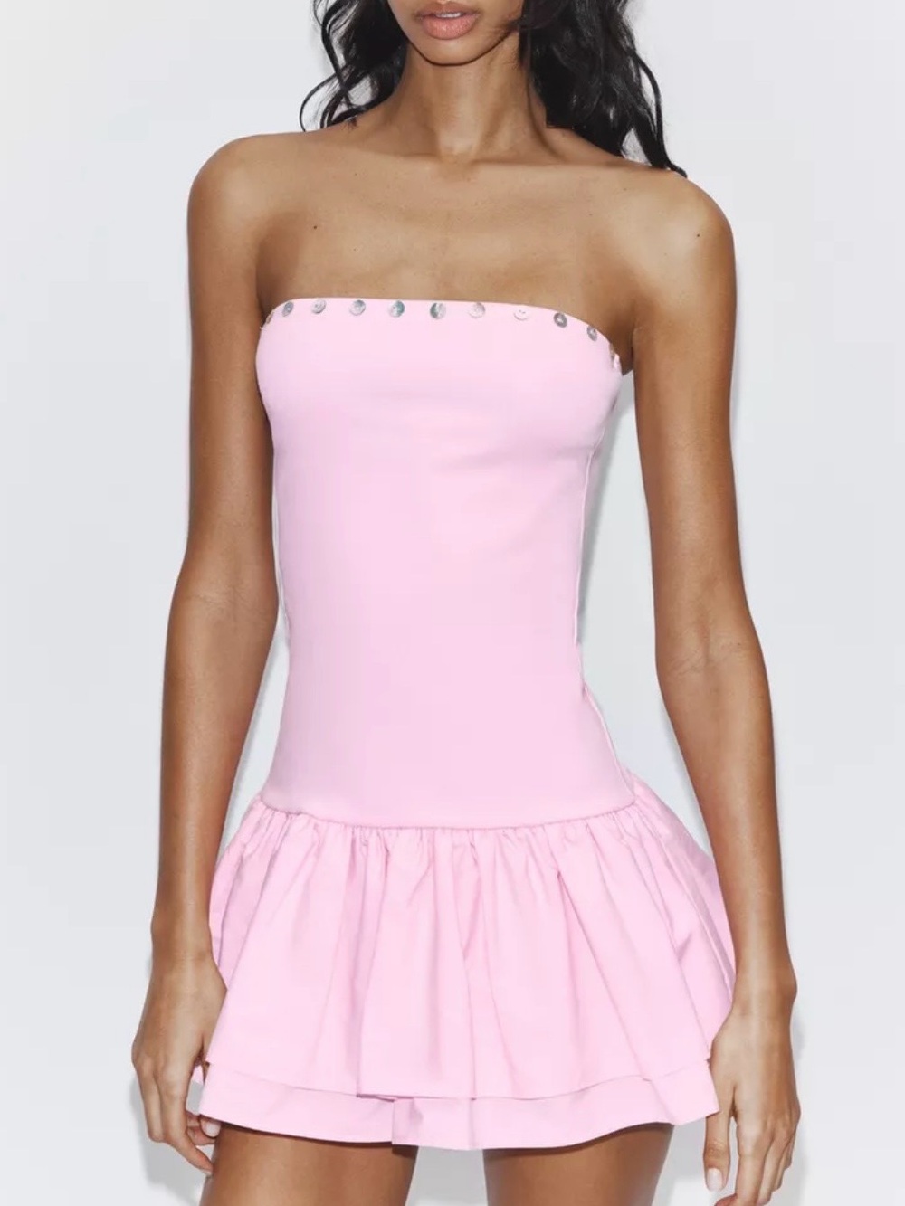Zara Light Pink Strapless Ruffle Hem Bandeau Dress